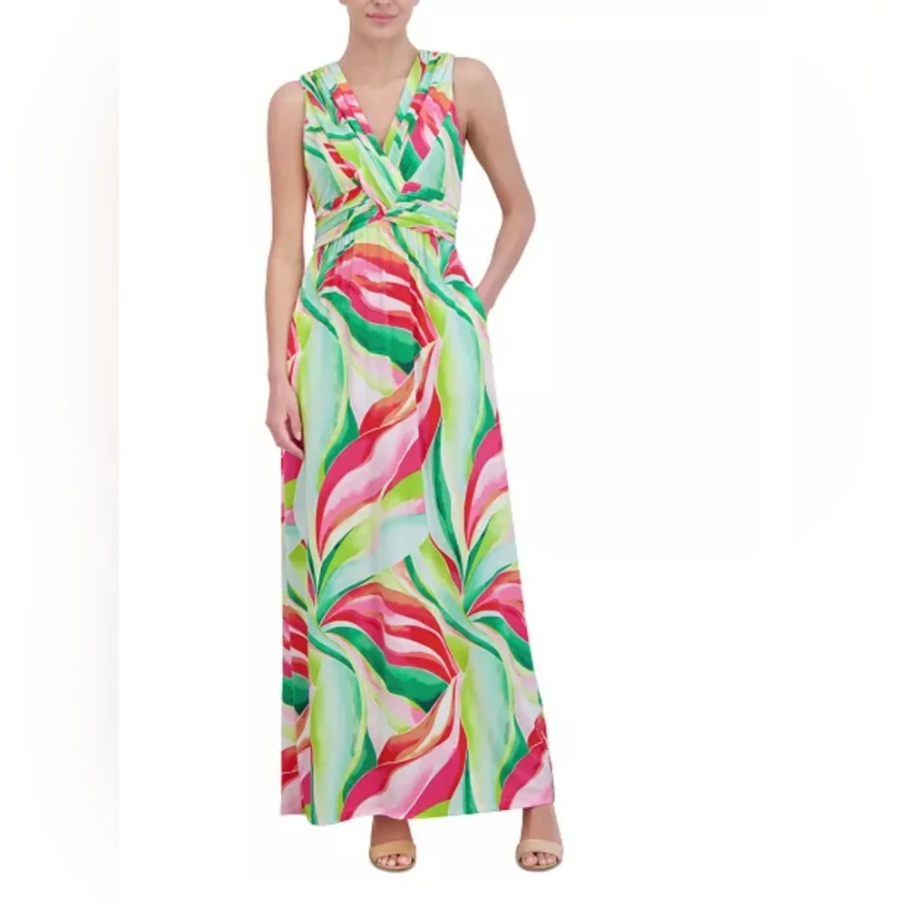 Jessica Howard NWT Vibrant Red/Green Sleeveless V-Neck Maxi Dress Size 10 - Picture 2 of 5